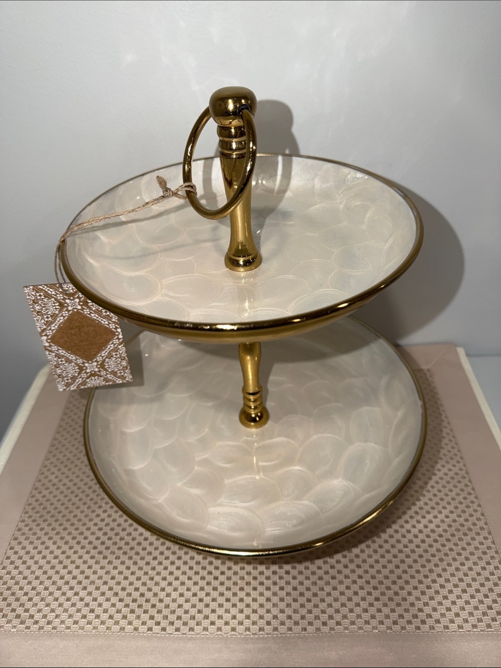 Metal Gold Tone Enamel Ivory Top Two Tiered Dessert Pastry Cake Cupcake Server